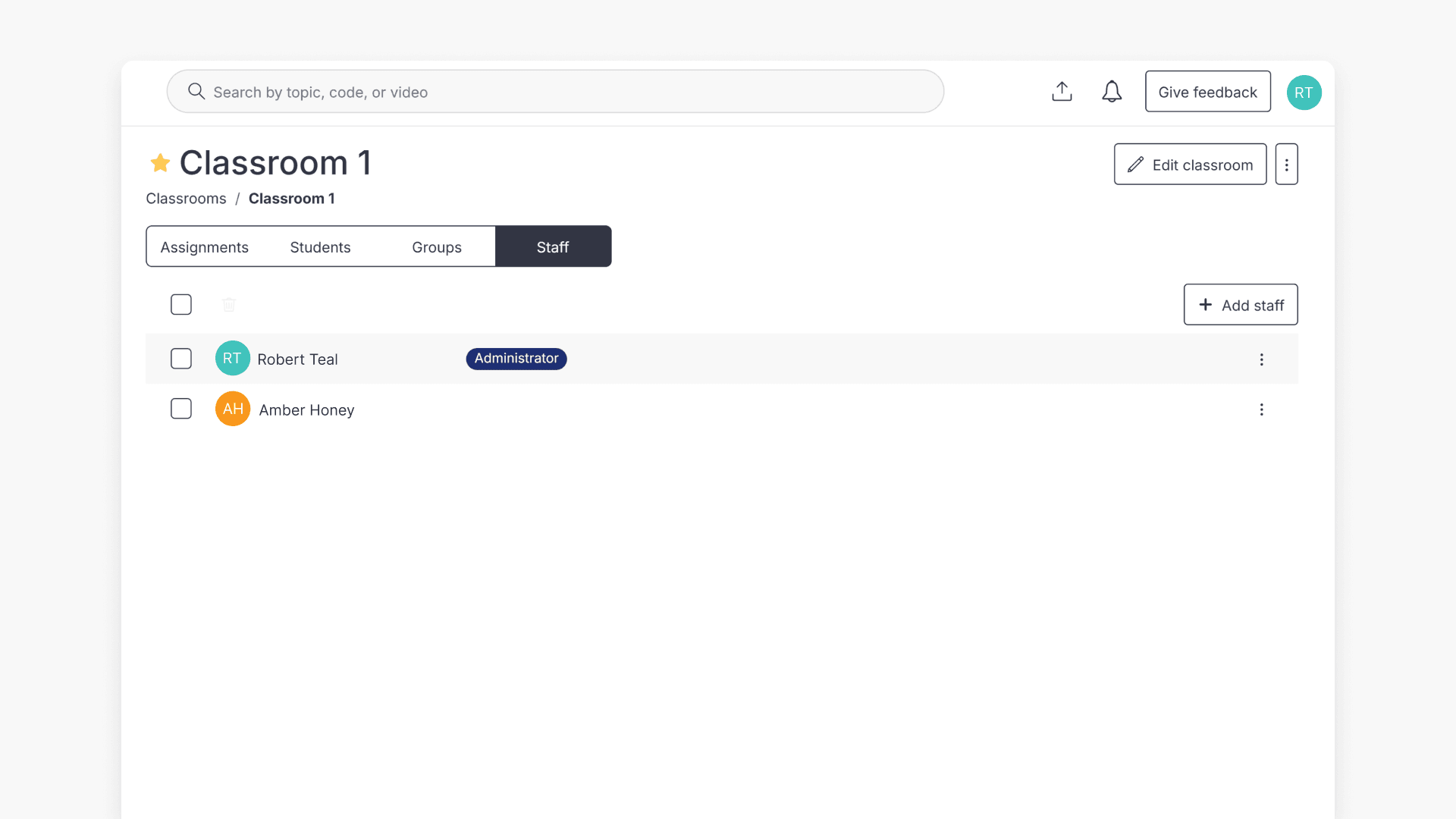 Staff tab of Classroom 1
