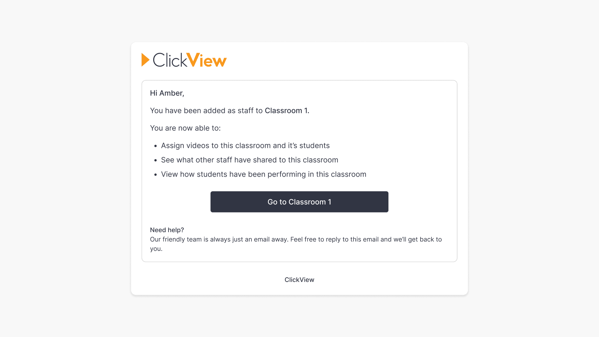 Email notification to a user when they are added as staff in a ClickView classroom