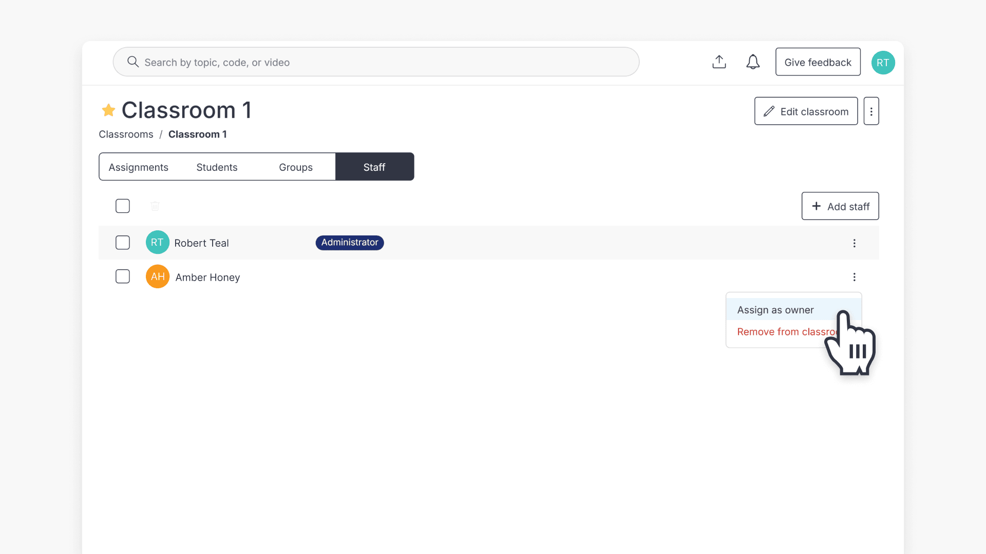 Cursor hovering over the "Assign as owner" option inside a ClickView classroom 