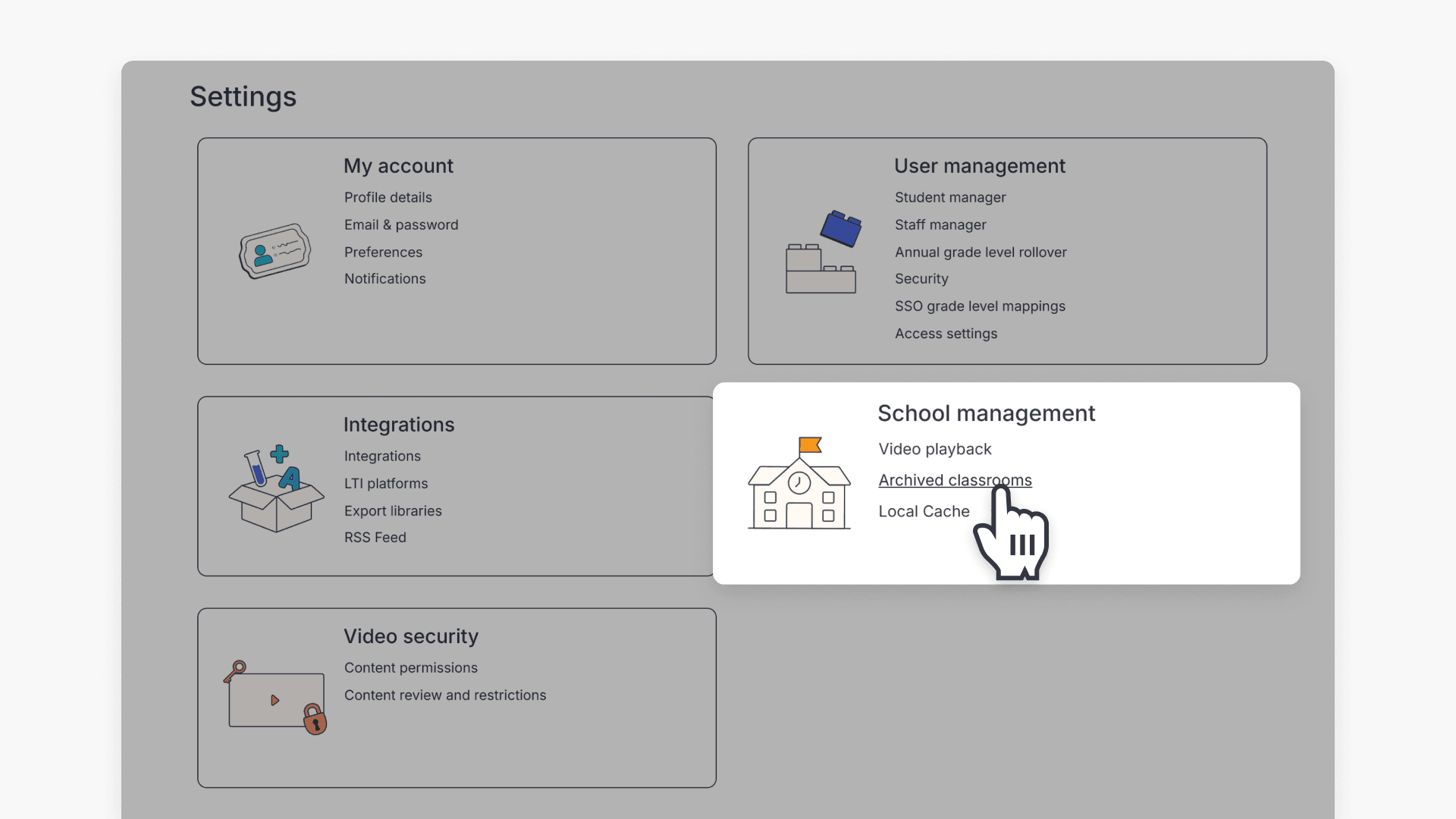 Window highlighting the "School Management" section of ClickView Settings page
