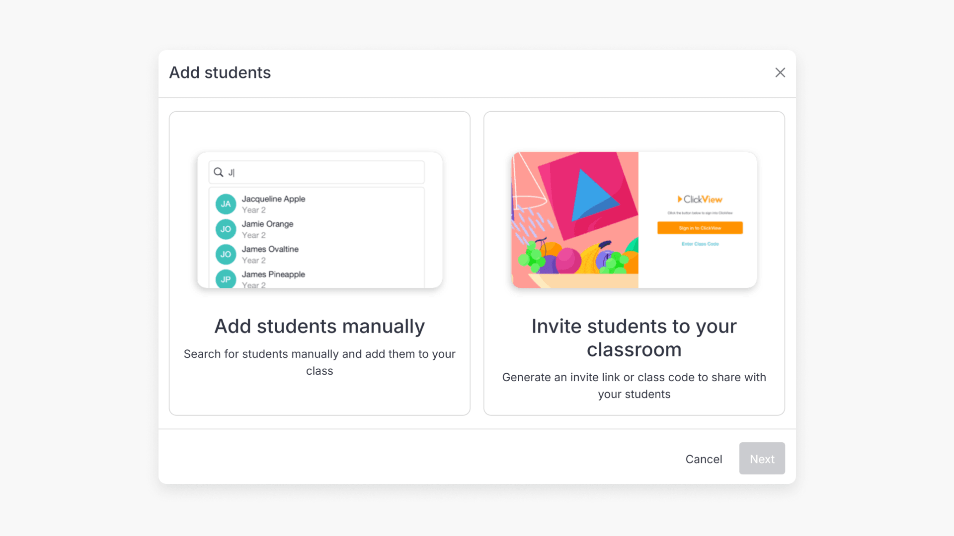 Two options in ClickView for adding students to classrooms