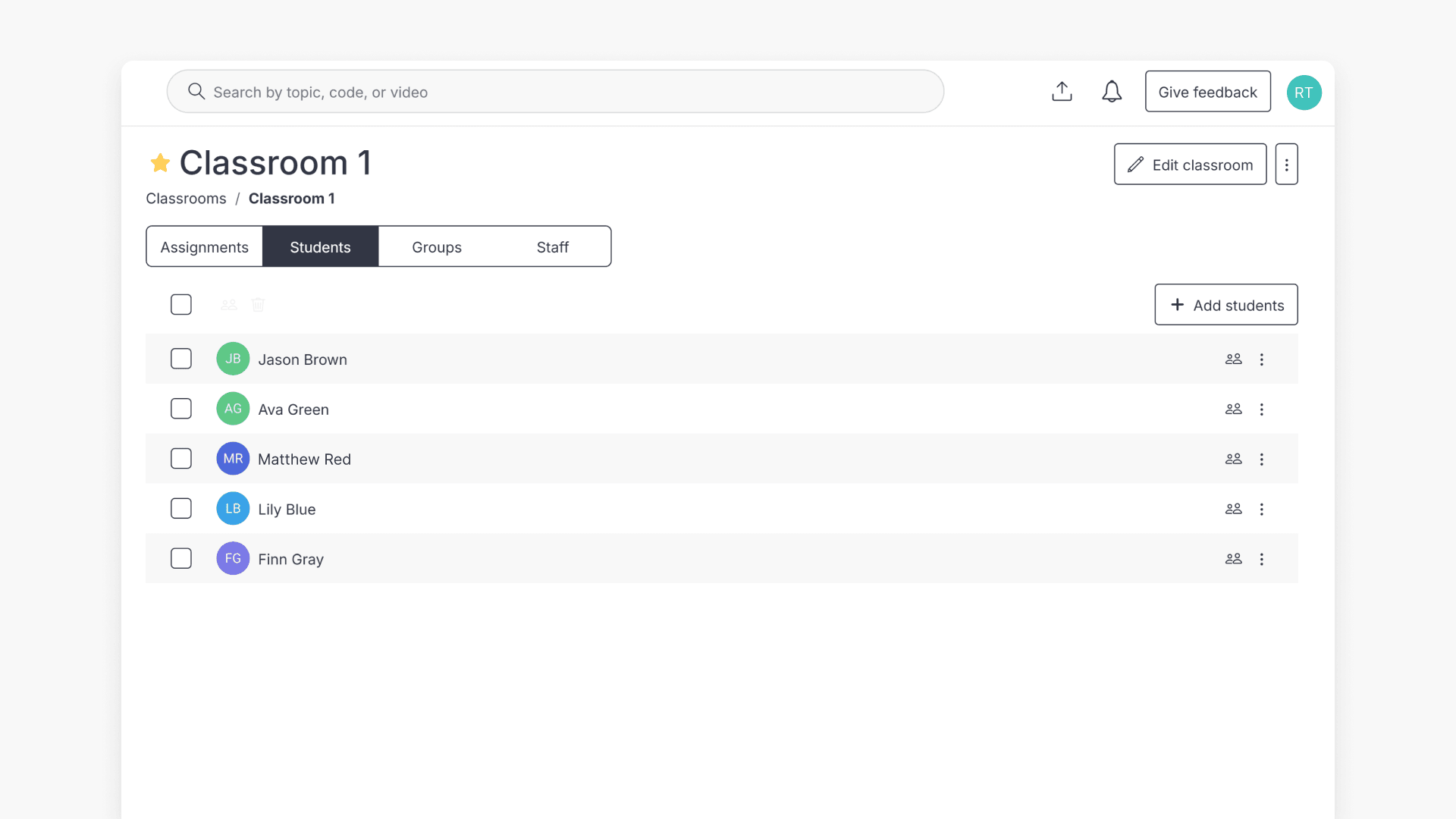 Classroom showing list of students