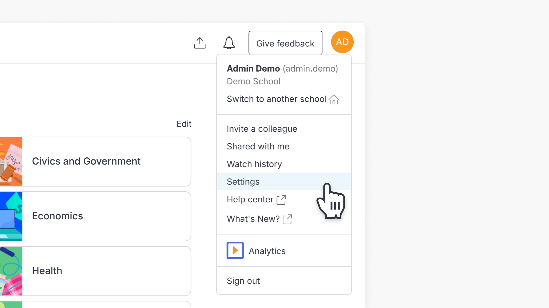 Cursor hovering over the Settings option under the account profile