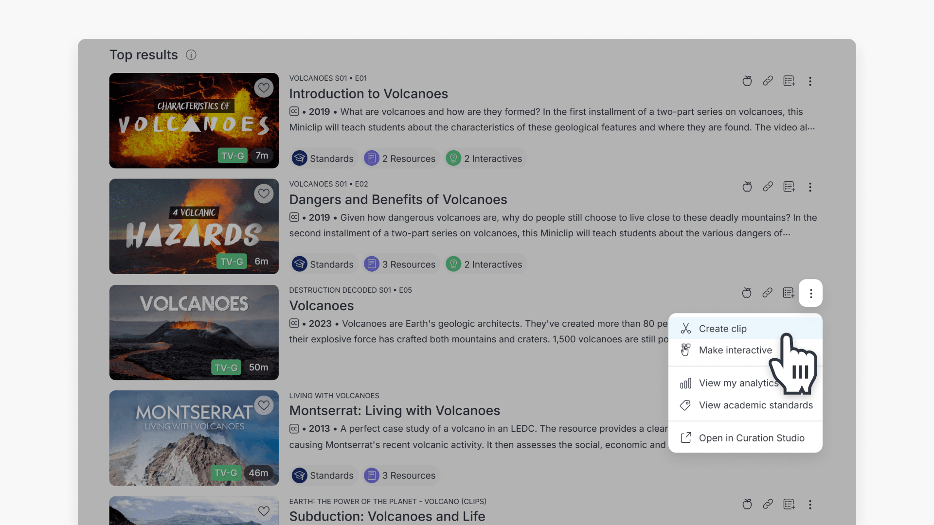 Hand pointing on the 'Create clip' option under the ellipsis icon from the Search result
