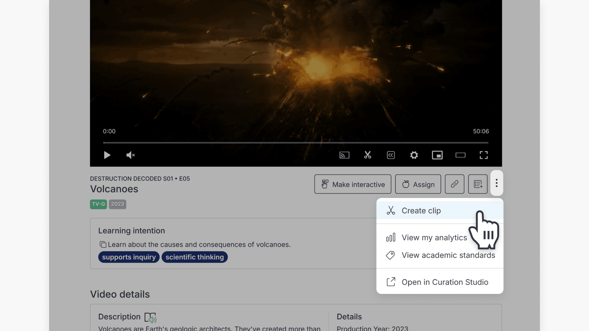 Hand pointing on the 'Create clip' option under the ellipsis icon from the play page