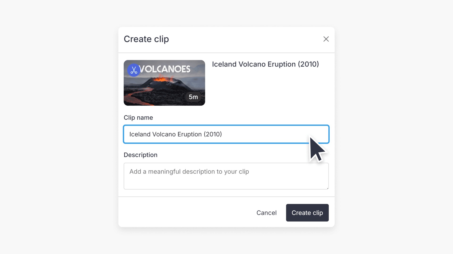 Cursor hovering over the text field under 'Clip name'