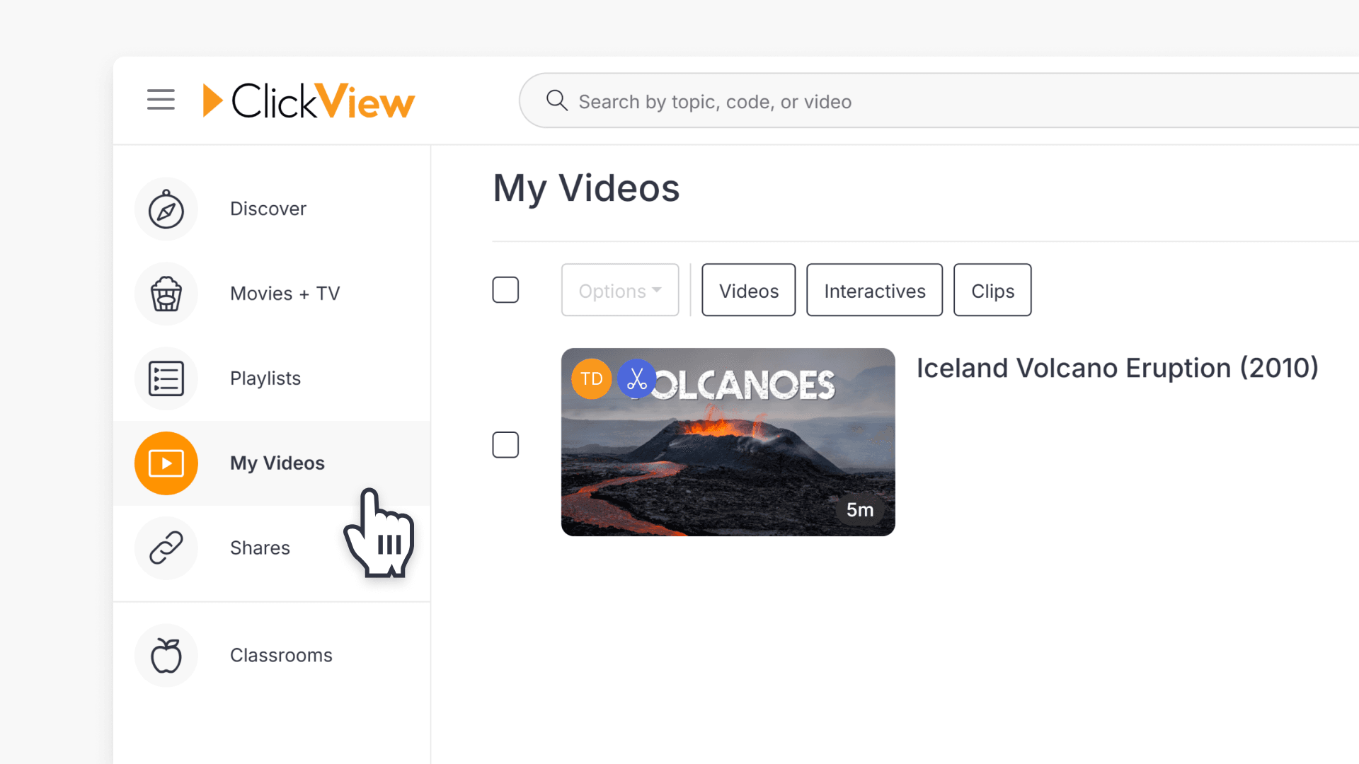 Hand pointing over the "My Videos" in the left navigation