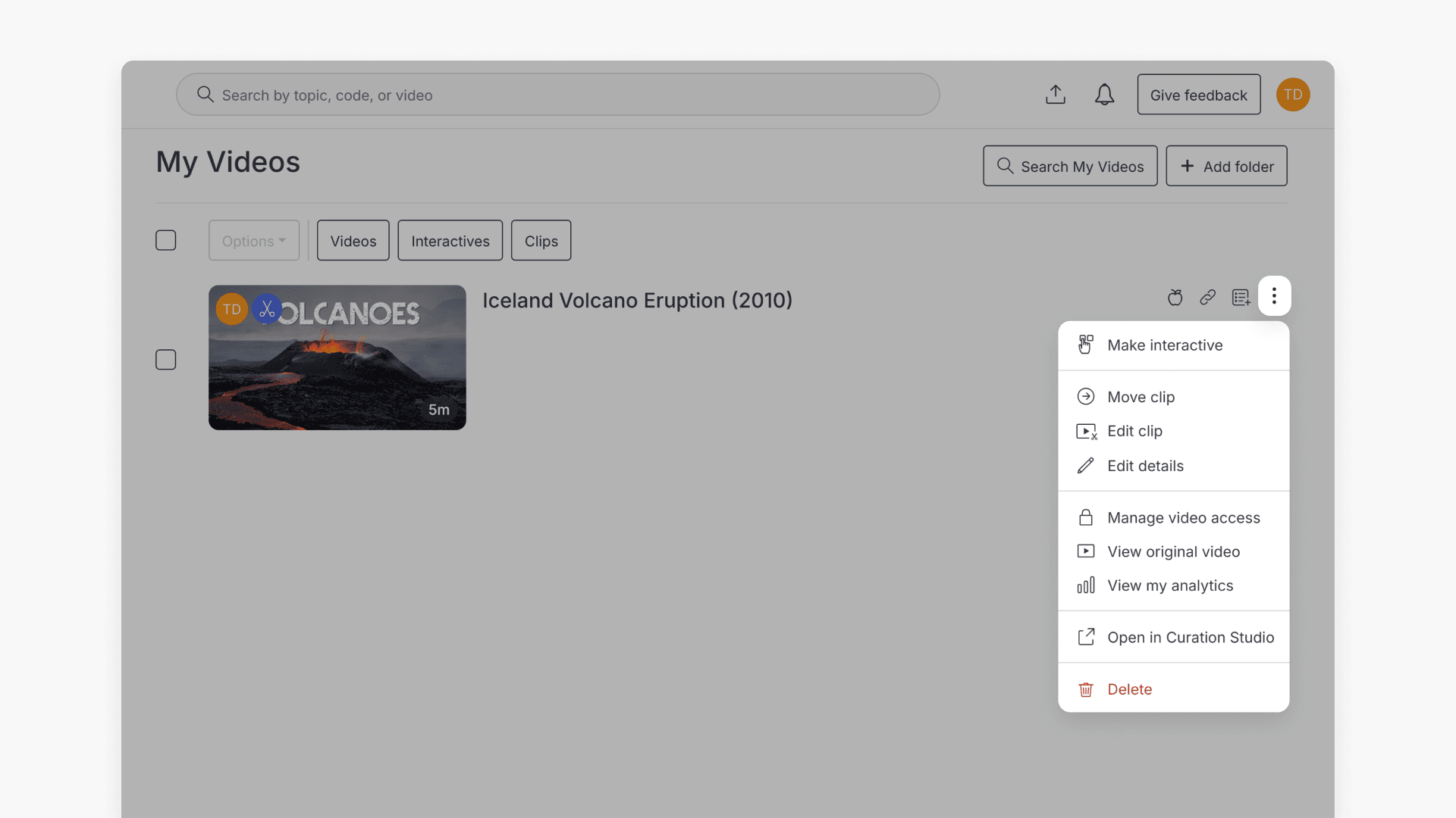 Window showing the options under the ellipsis icon in My Videos page