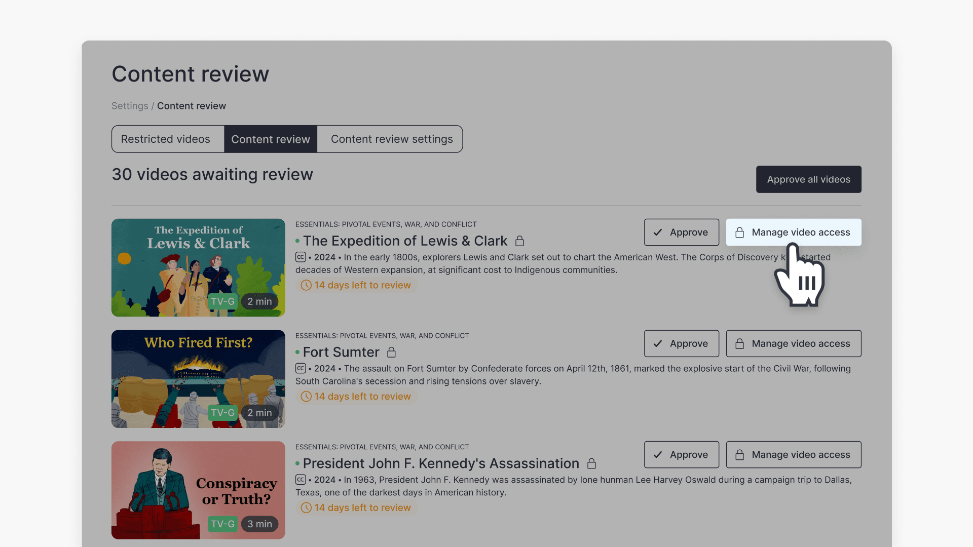 How to access manage video access from ClickView's content review 