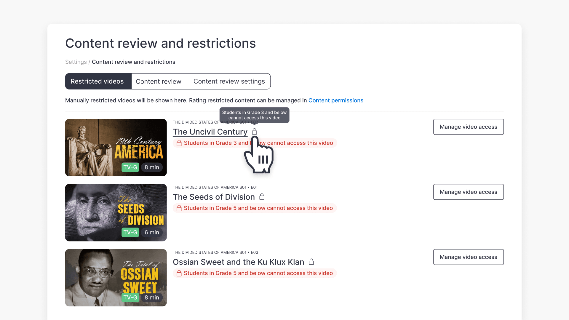 Hover over the padlock icon to see restriction details in ClickView's content review