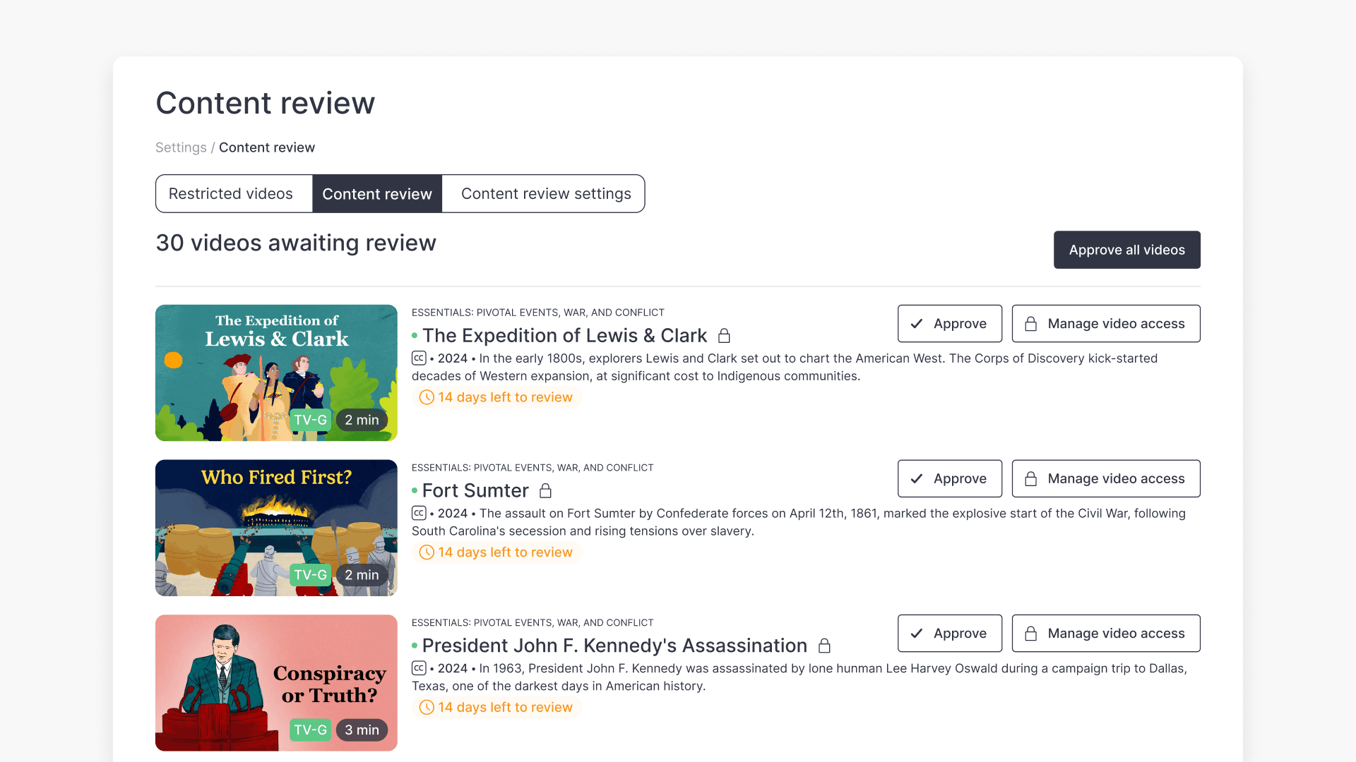 Content review allows you to approve access or manage access for grade levels