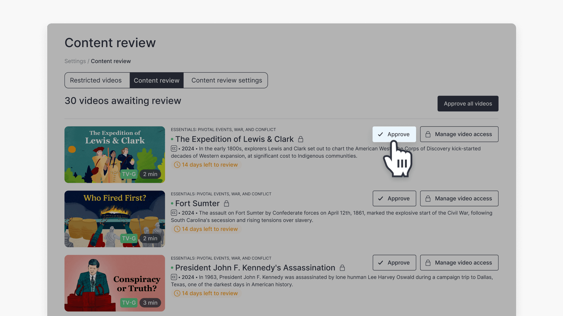 Approve individual videos to be added to your library in ClickView's content review