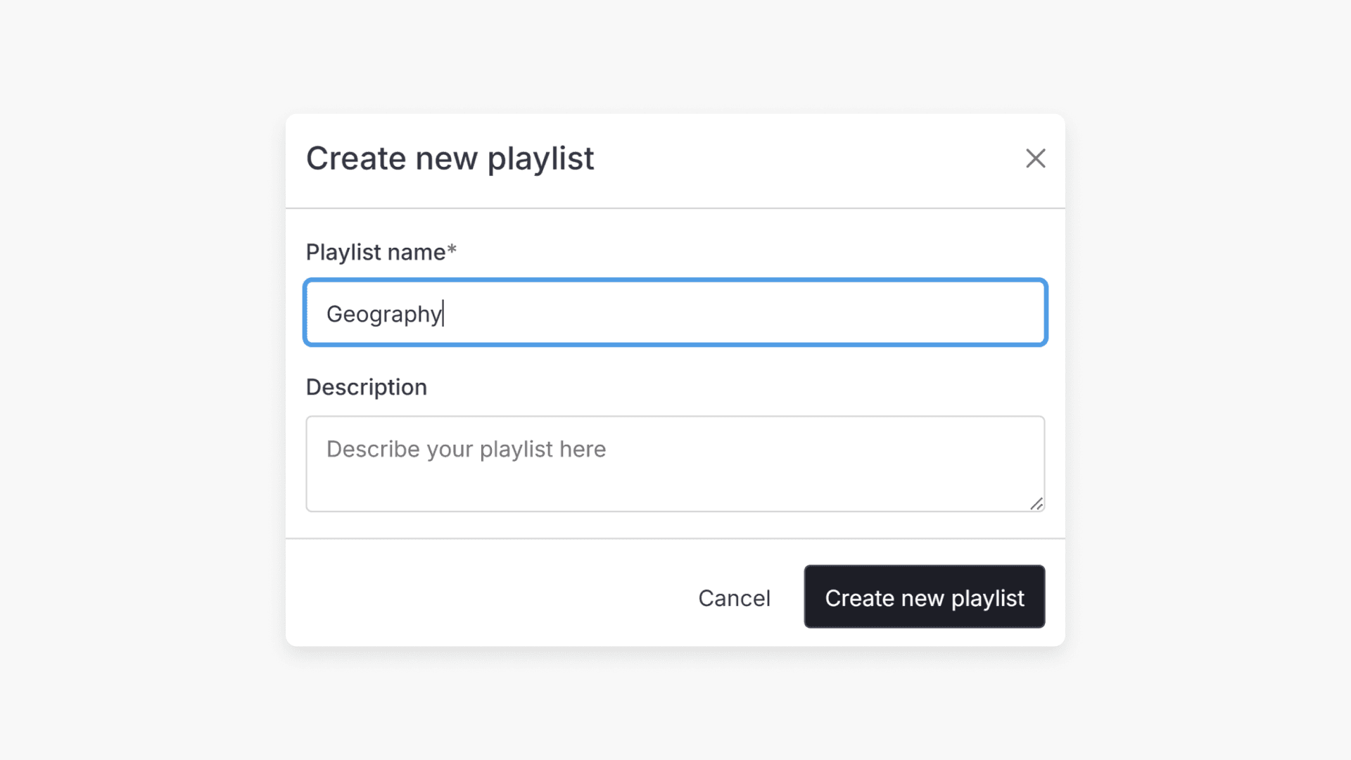 Create new playlist popup
