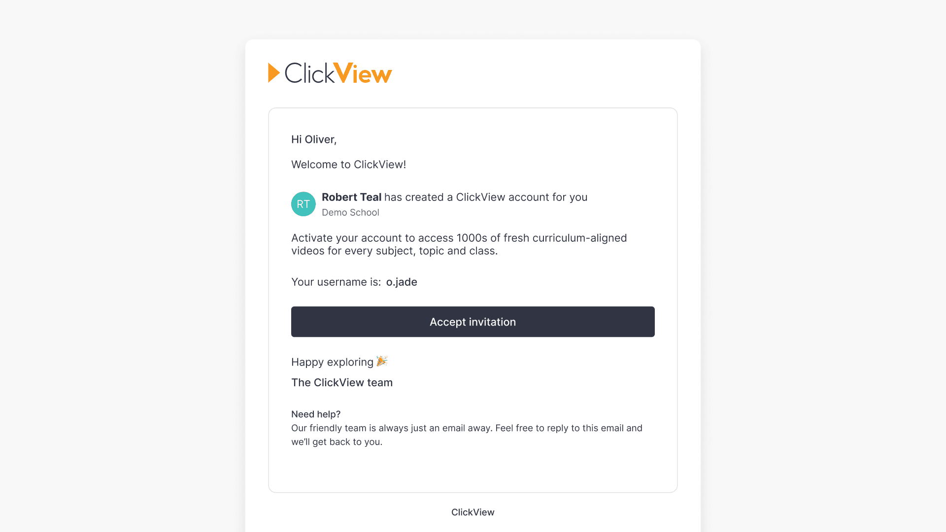 Welcome to ClickView 'Accept invitation' email