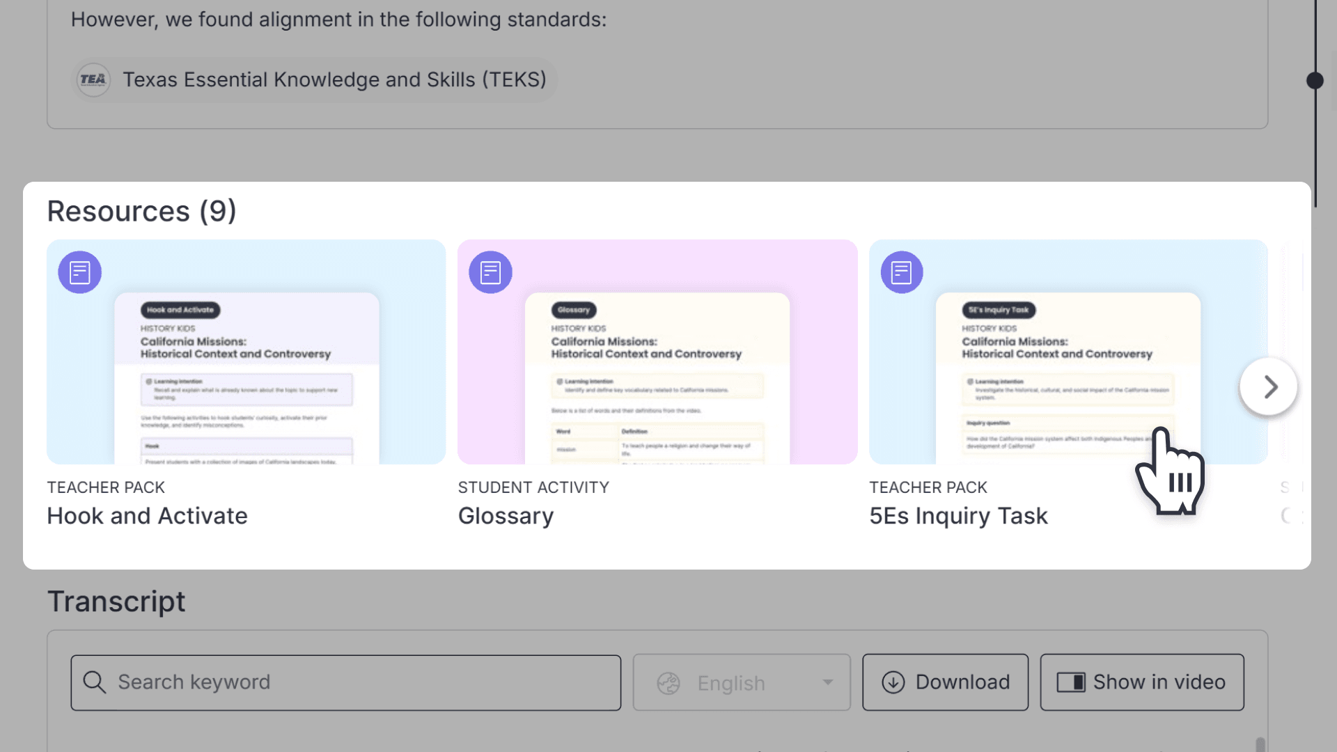 Window highlighting the Resources section of a play page while hovering over a Teach Pack resource