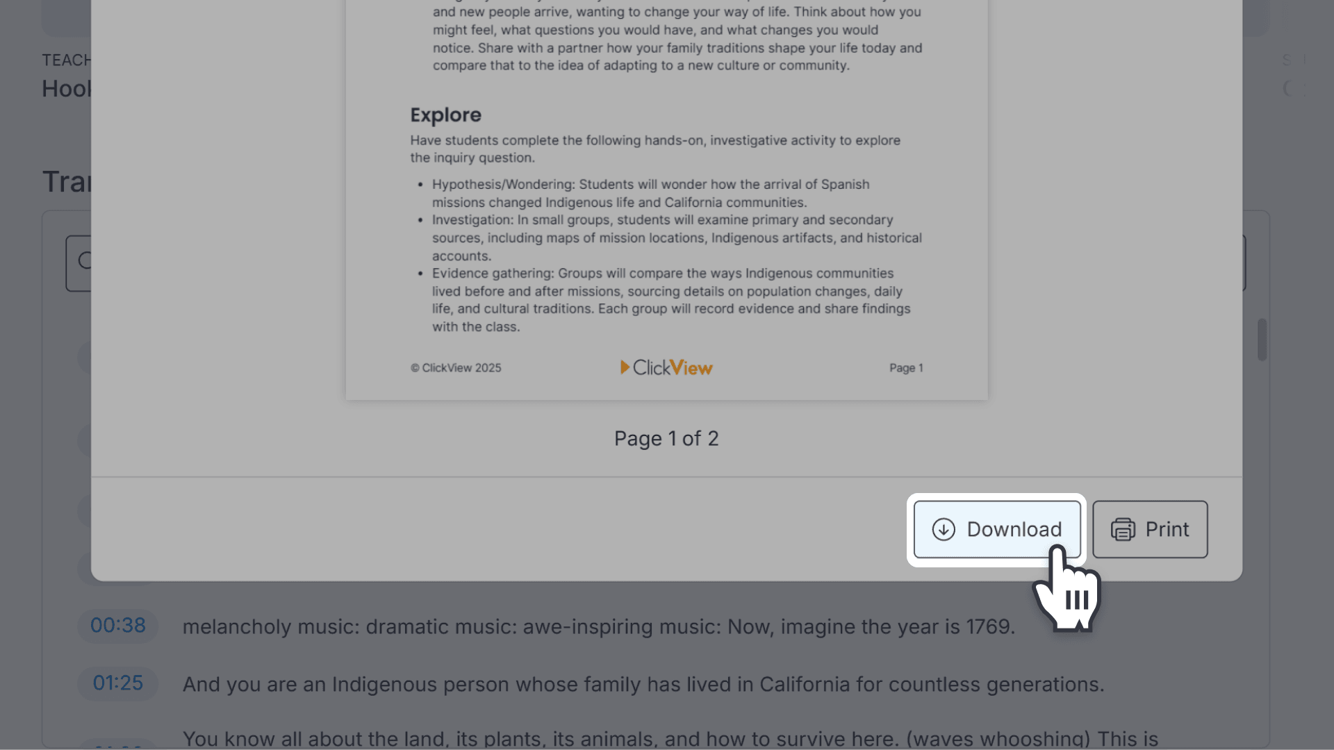 A cursor hovering over a highlighted "Download" button