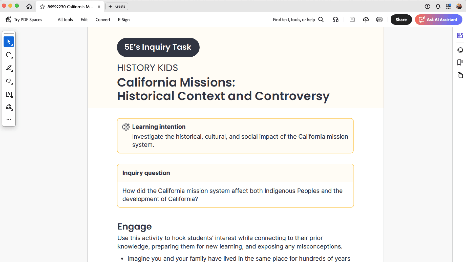 A .pdf preview of a 5E's Inquiry Task