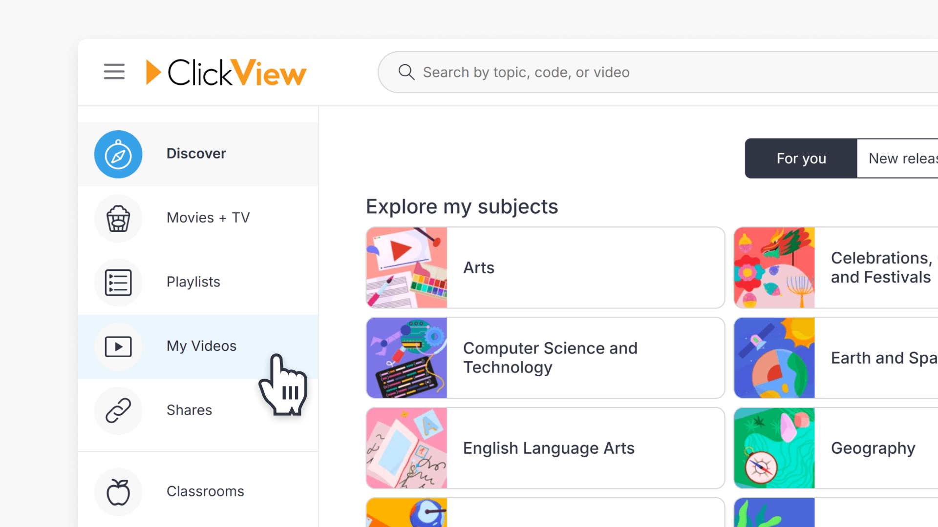 Mouseover showing My Videos on the ClickView dashboard