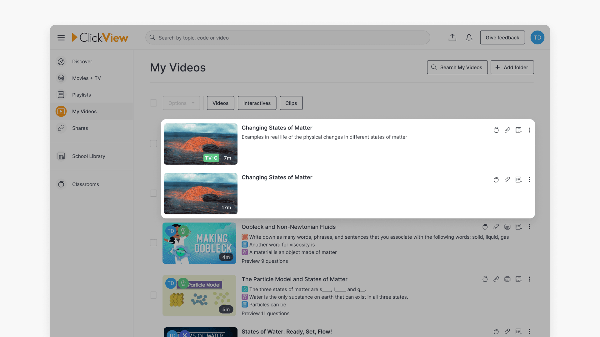 Window highlighting the original version and edited version of the video in My Videos