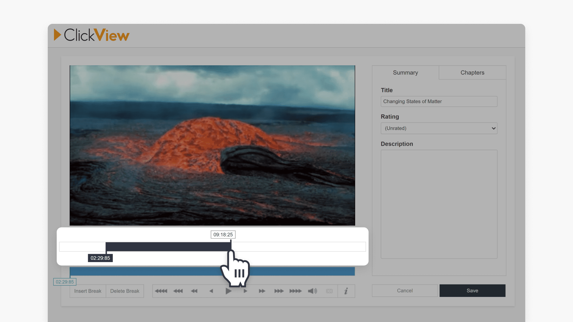 Hand pointing to the black bar below the video window to set the start and end times for the video section