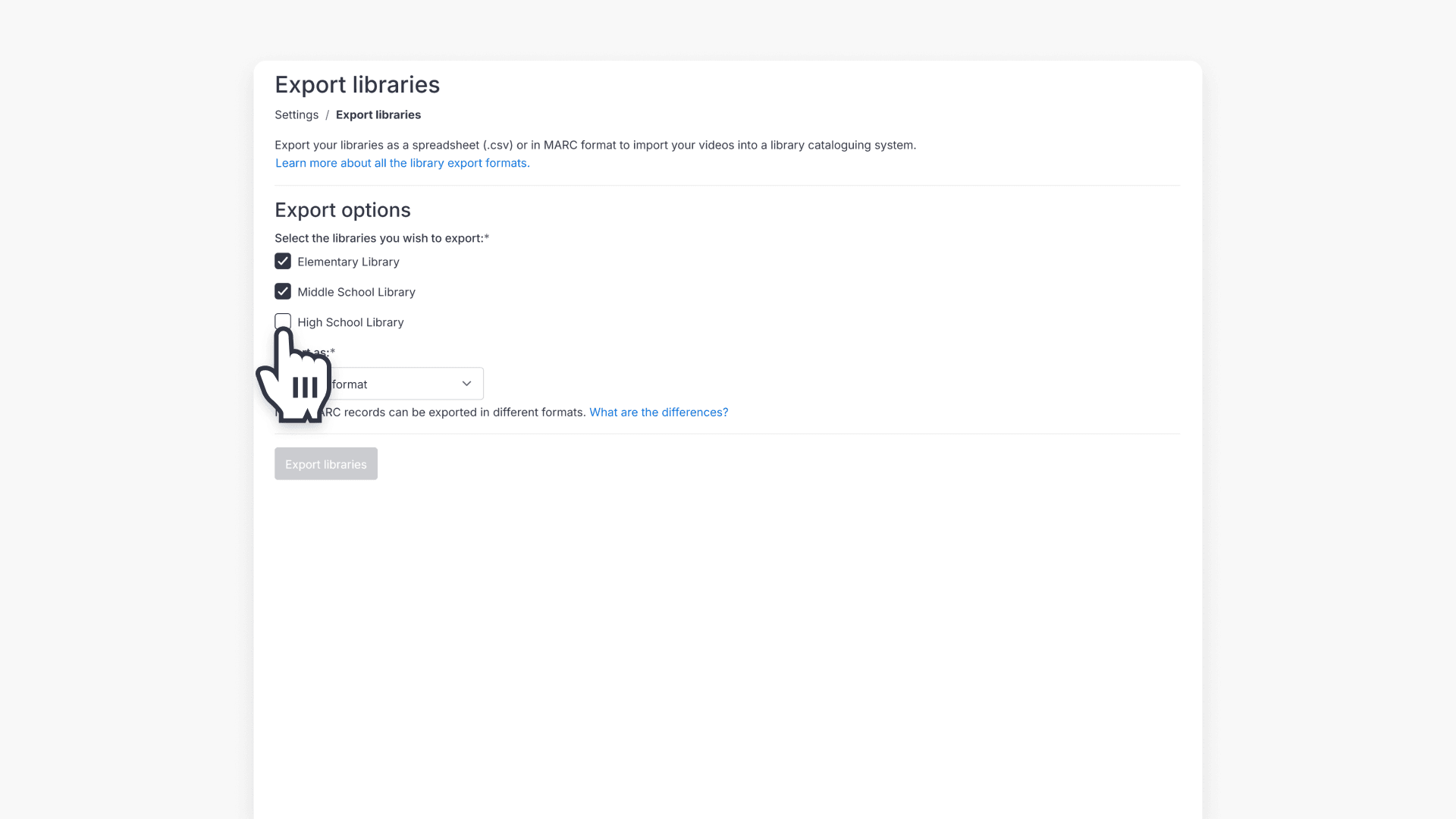 Export options selection