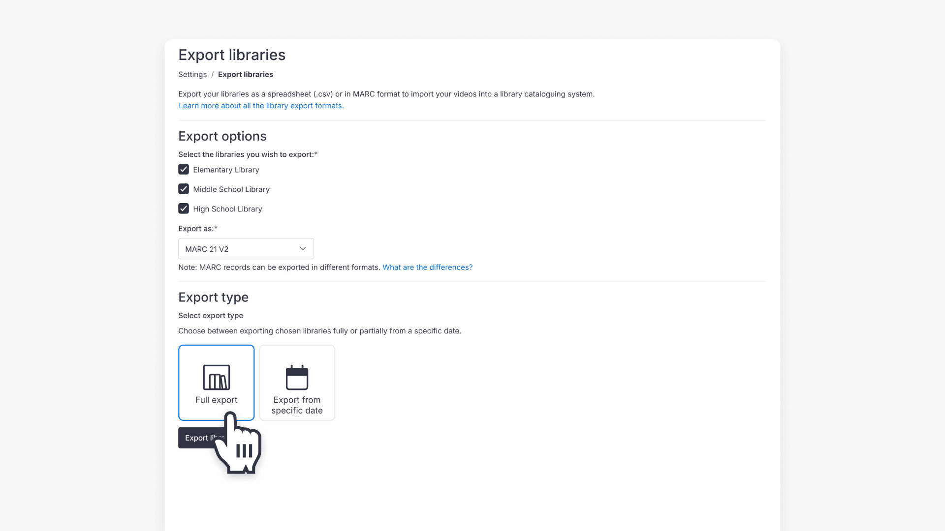 Full export button navigation