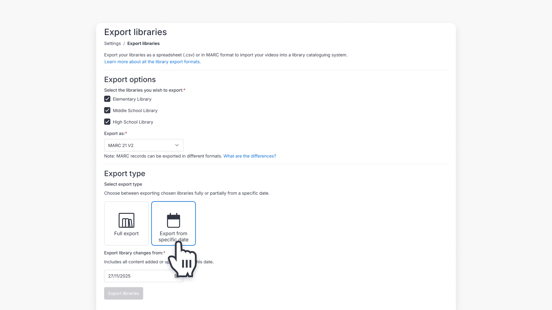 Export options button navigation