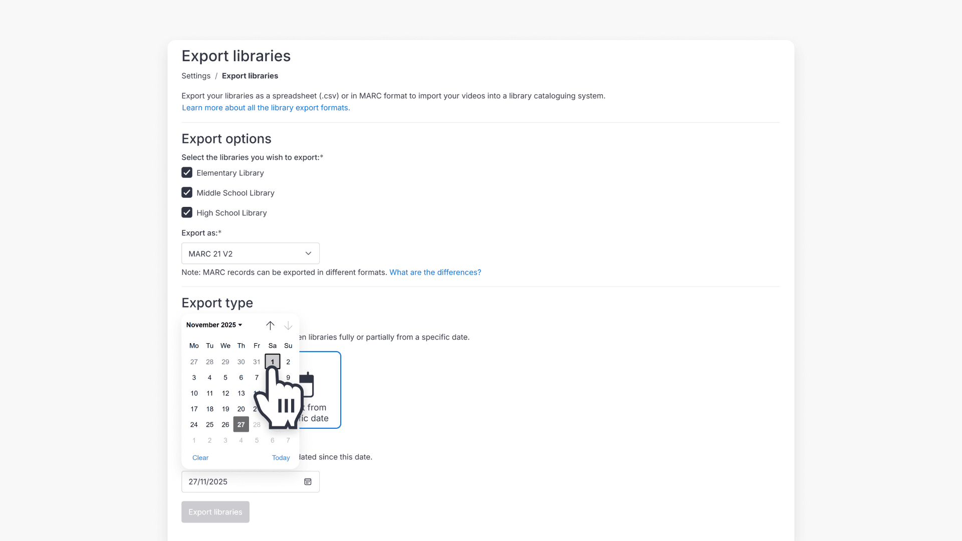 Date settings button navigation