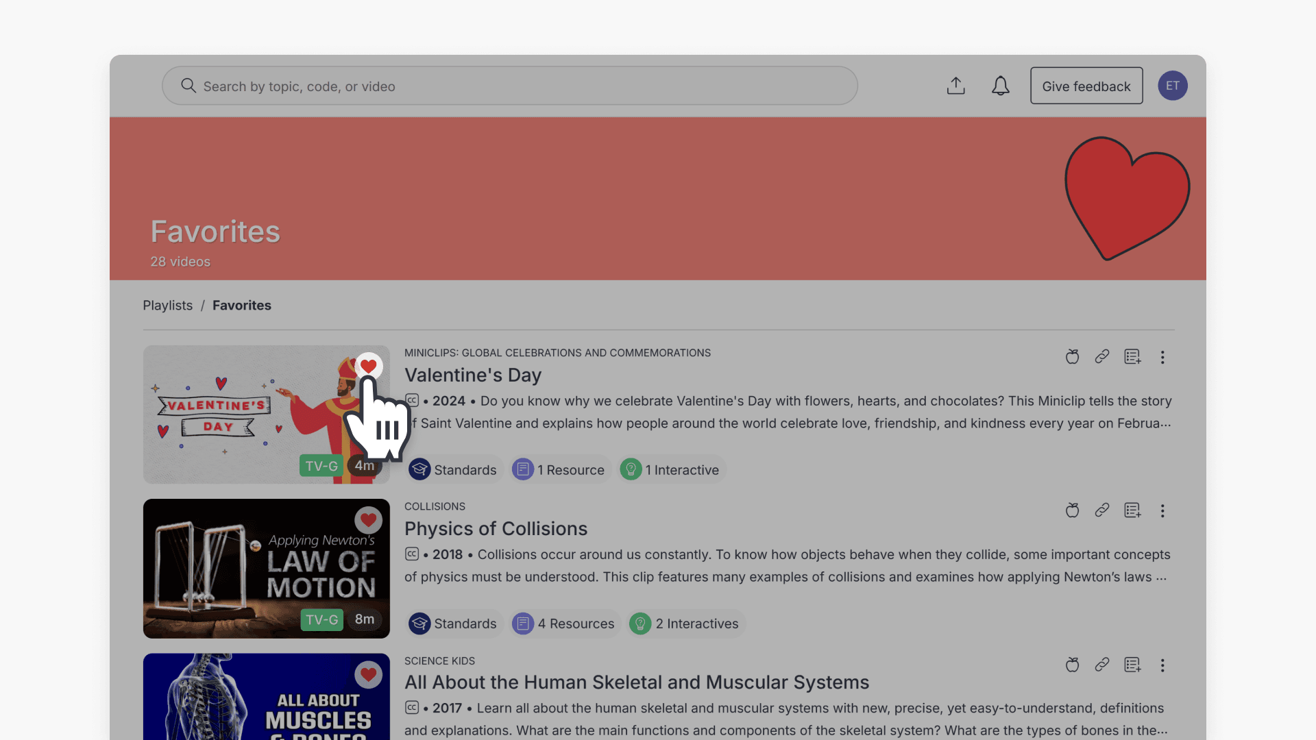 Clickview favorite video playlist interface