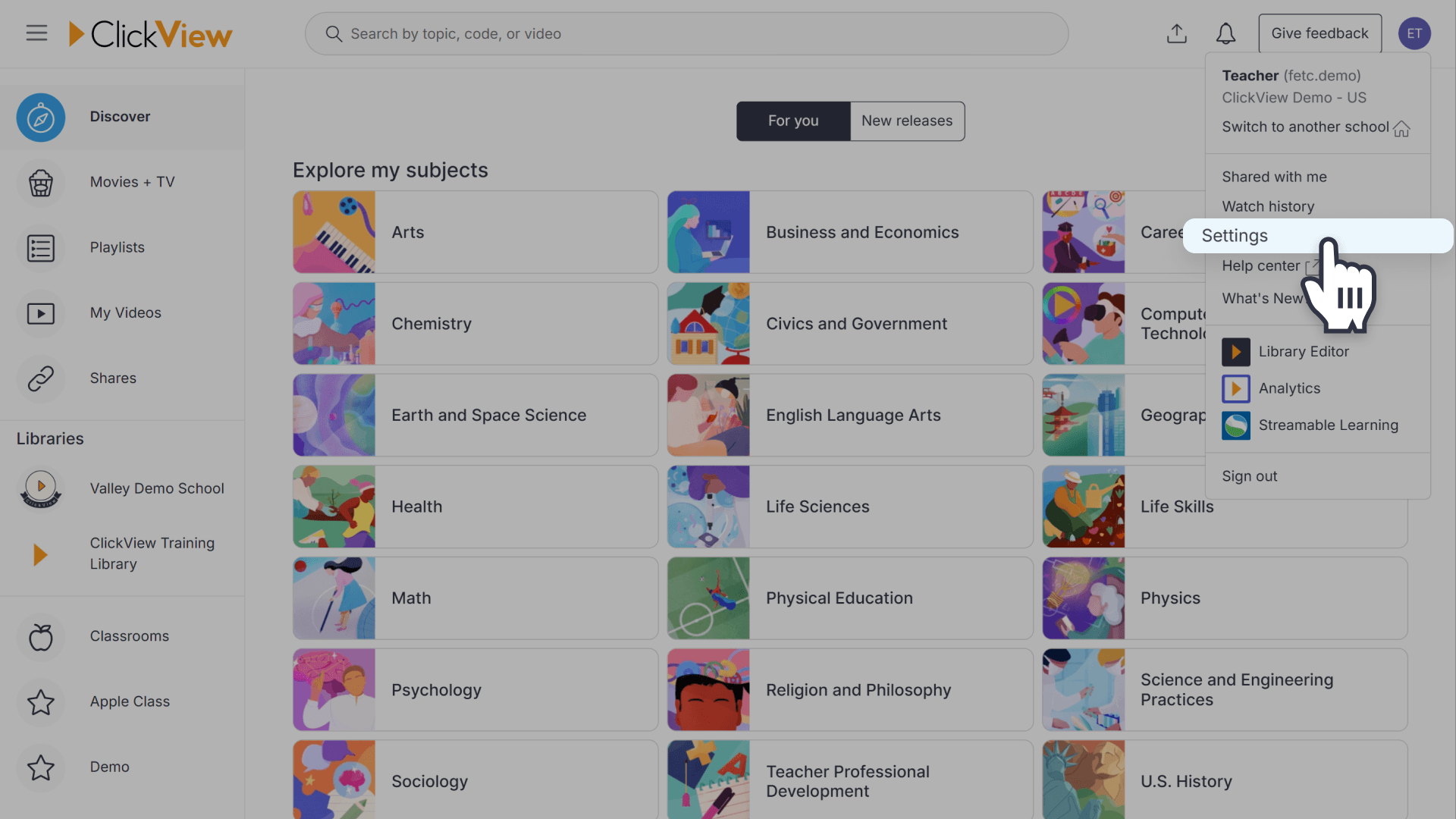 Clickview settings navigation
