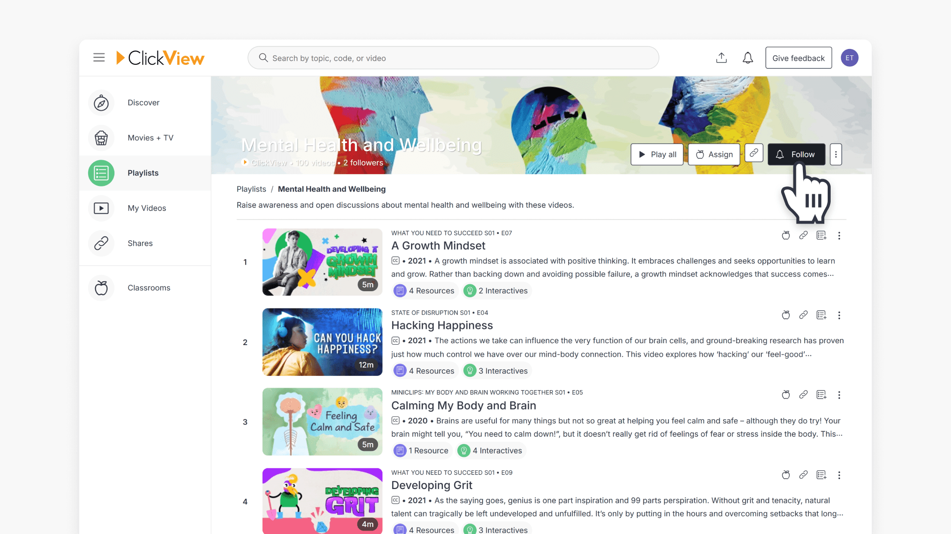 Hand pointing over 'Follow' button of playlist page