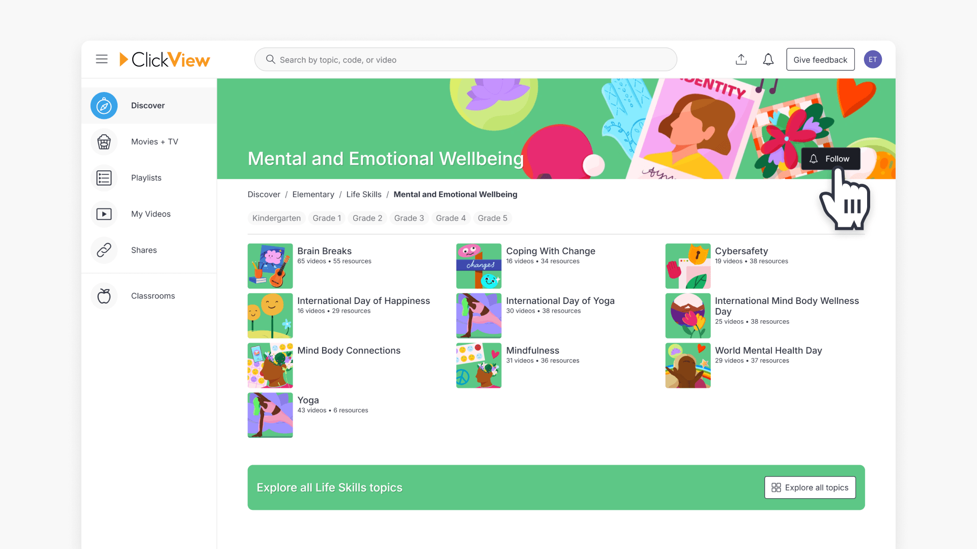 Hand pointing over 'Follow' button of topics page