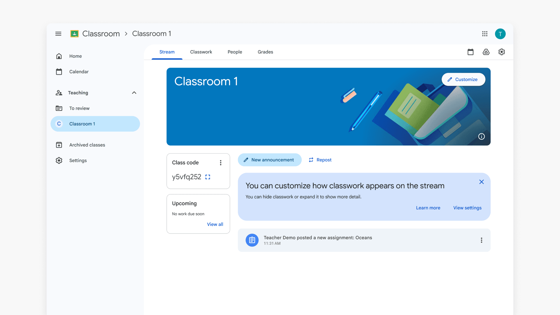 Google classroom interface