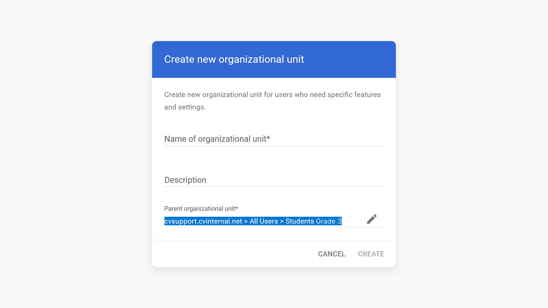 Create new organizational unit pop up