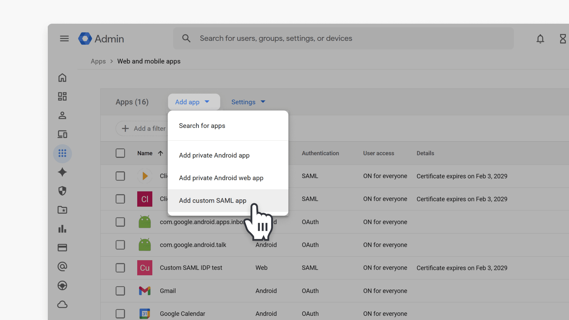 Dropdown menu for Add App and select add custom SAML app