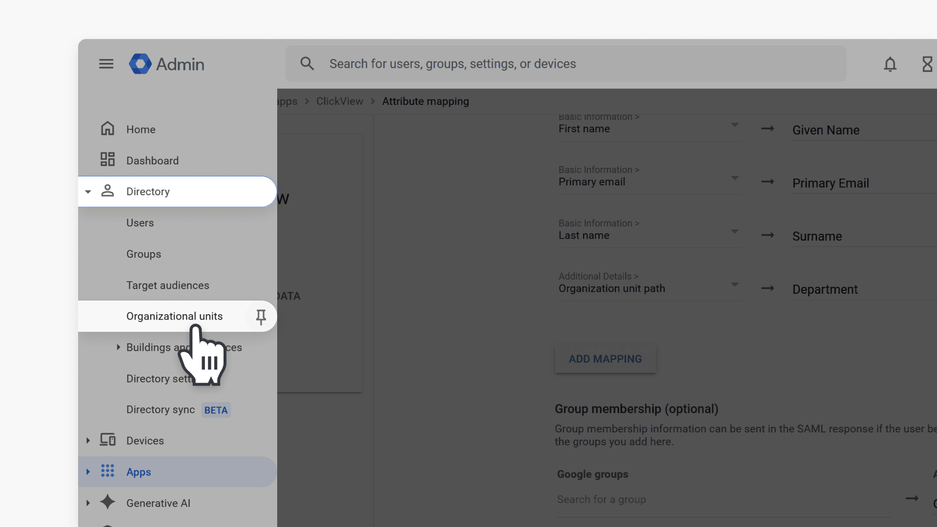 Dropdown side menu to Directory and select organizational units