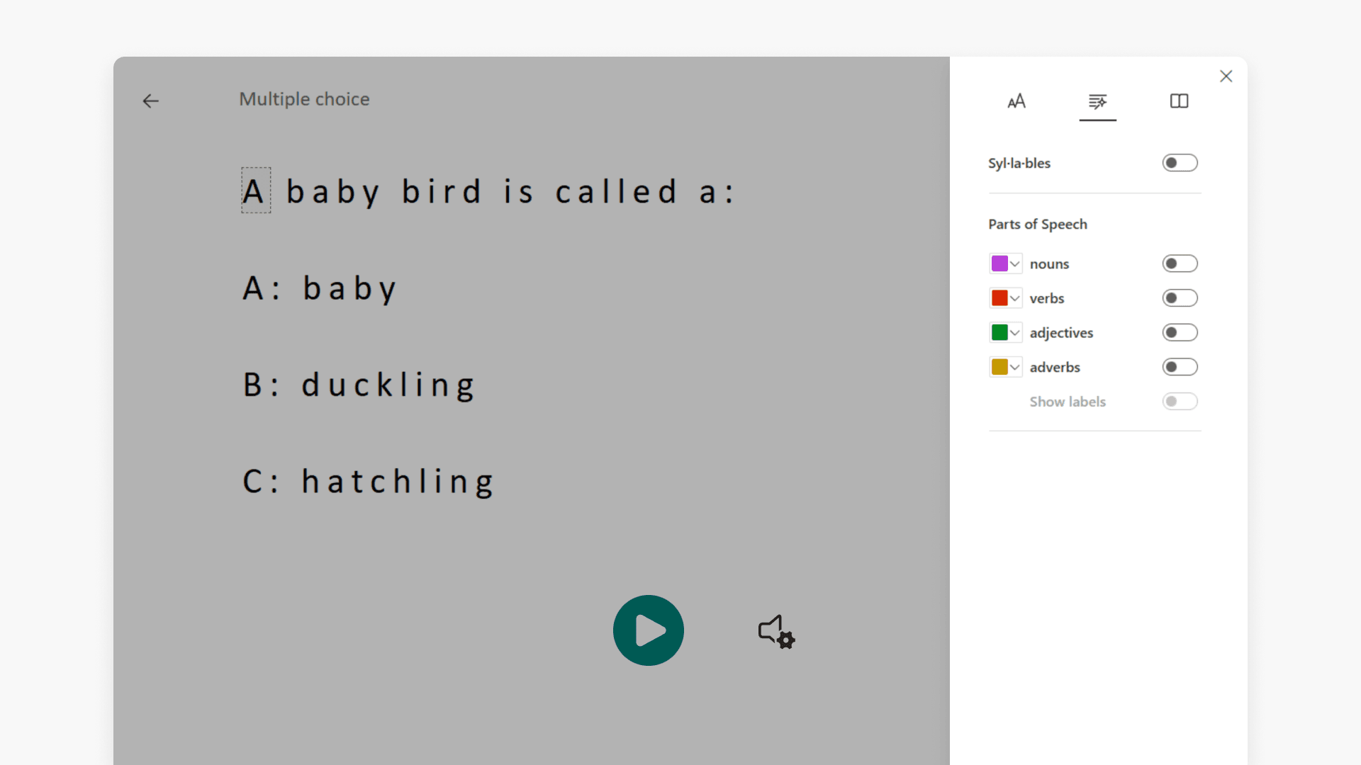 Immersive Reader user interface with Grammar options panel opened