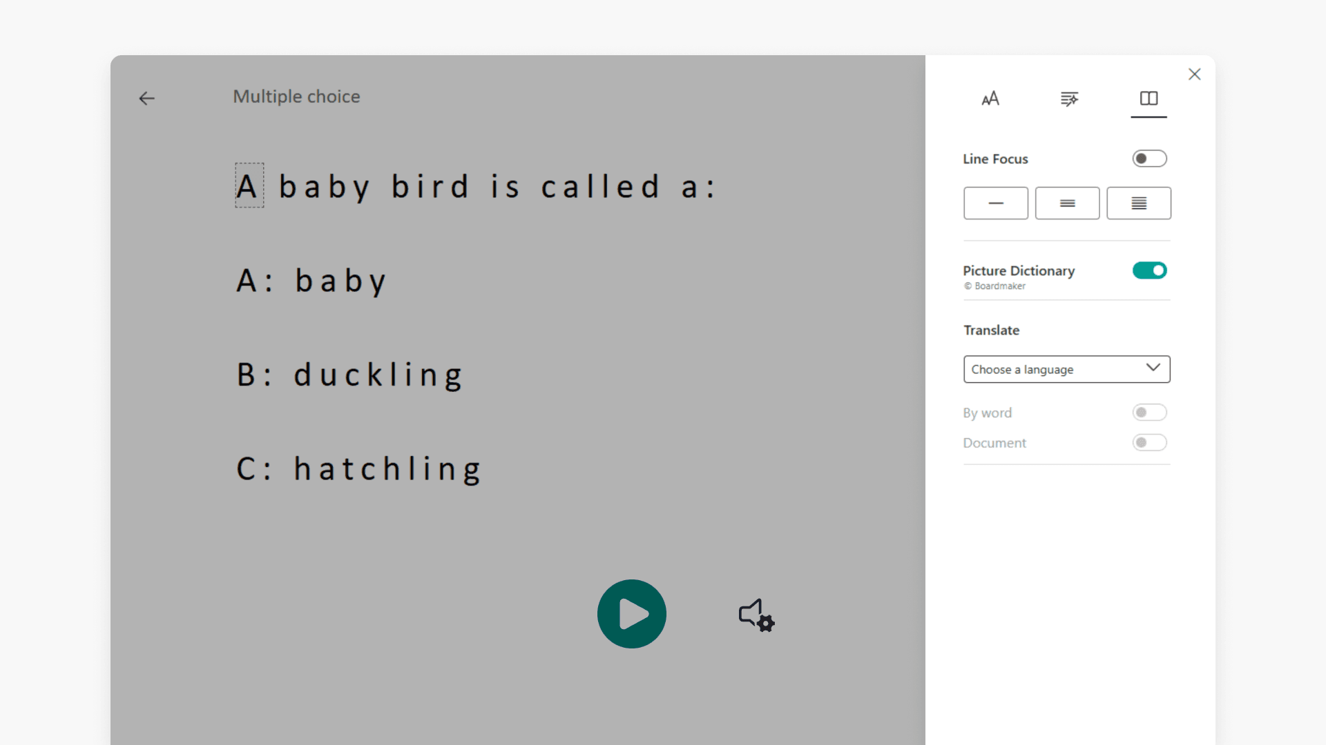 Immersive Reader user interface with Reading Preferences panel opened