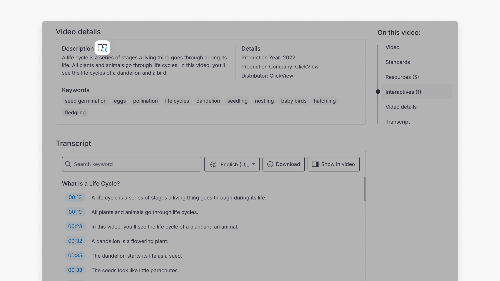 Immersive Reader icon highlighted in a play page
