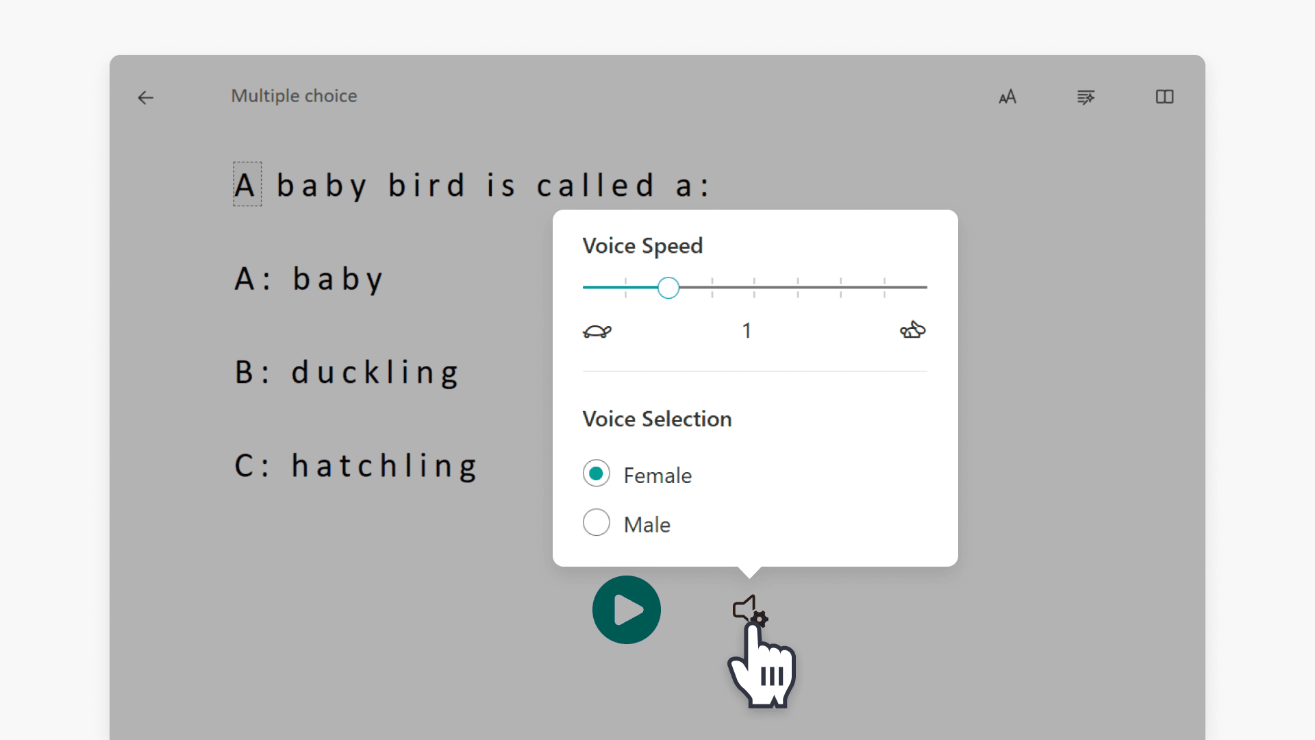 Hand pointing over the 'Voice Settings' button in the Immersive Reader user interface