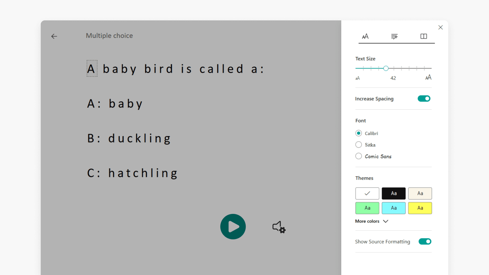 Immersive Reader user interface with Settings panel opened