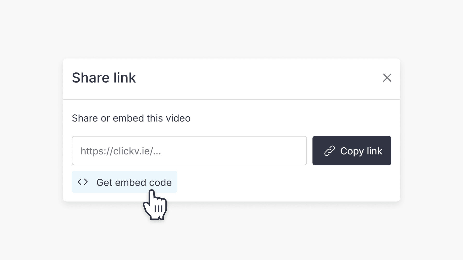 Hand pointing to 'Get embed code' button in the 'Share link' pop-up window