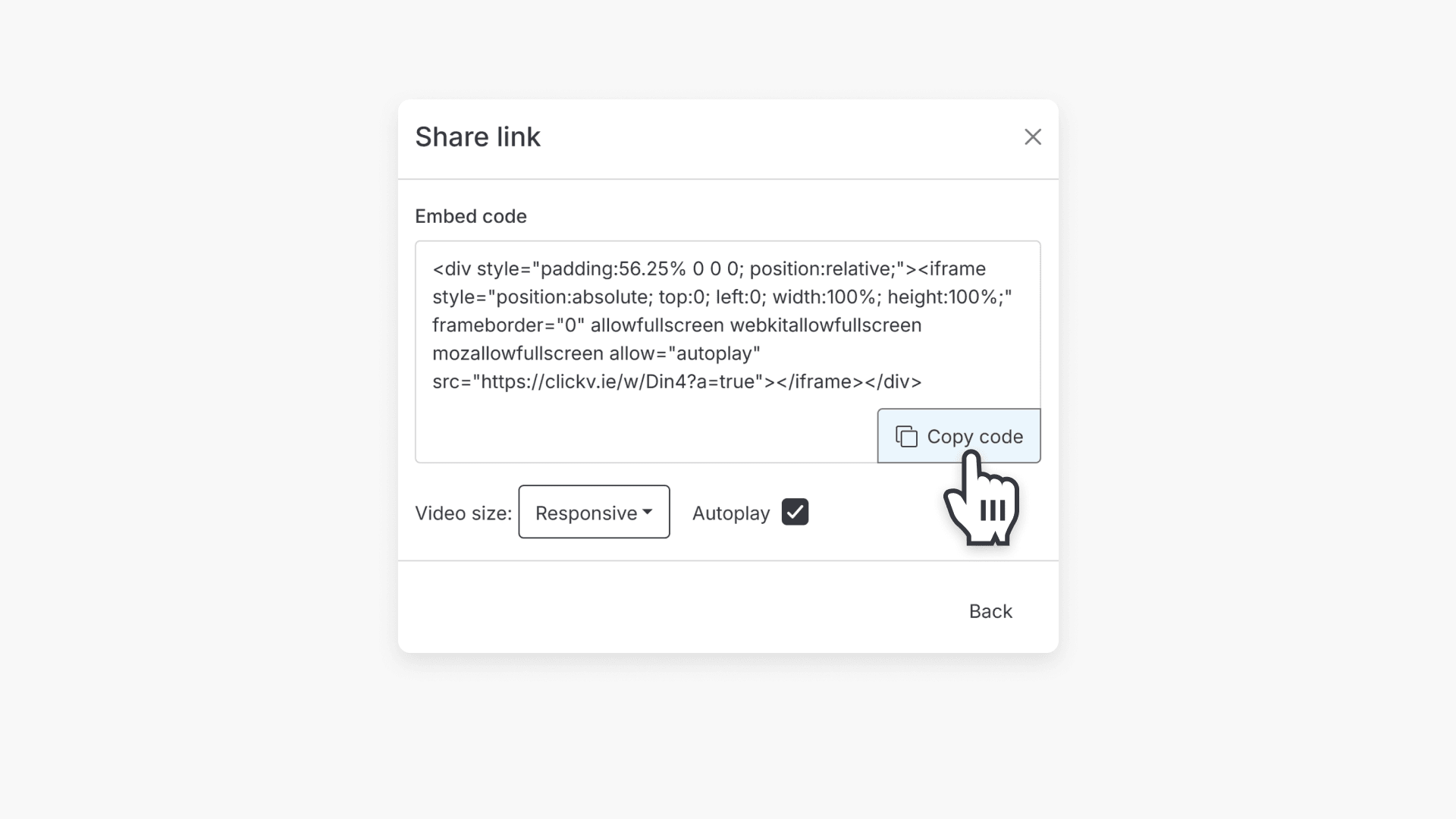 Hand pointing to 'Copy code' button in the 'Share link' pop-up window