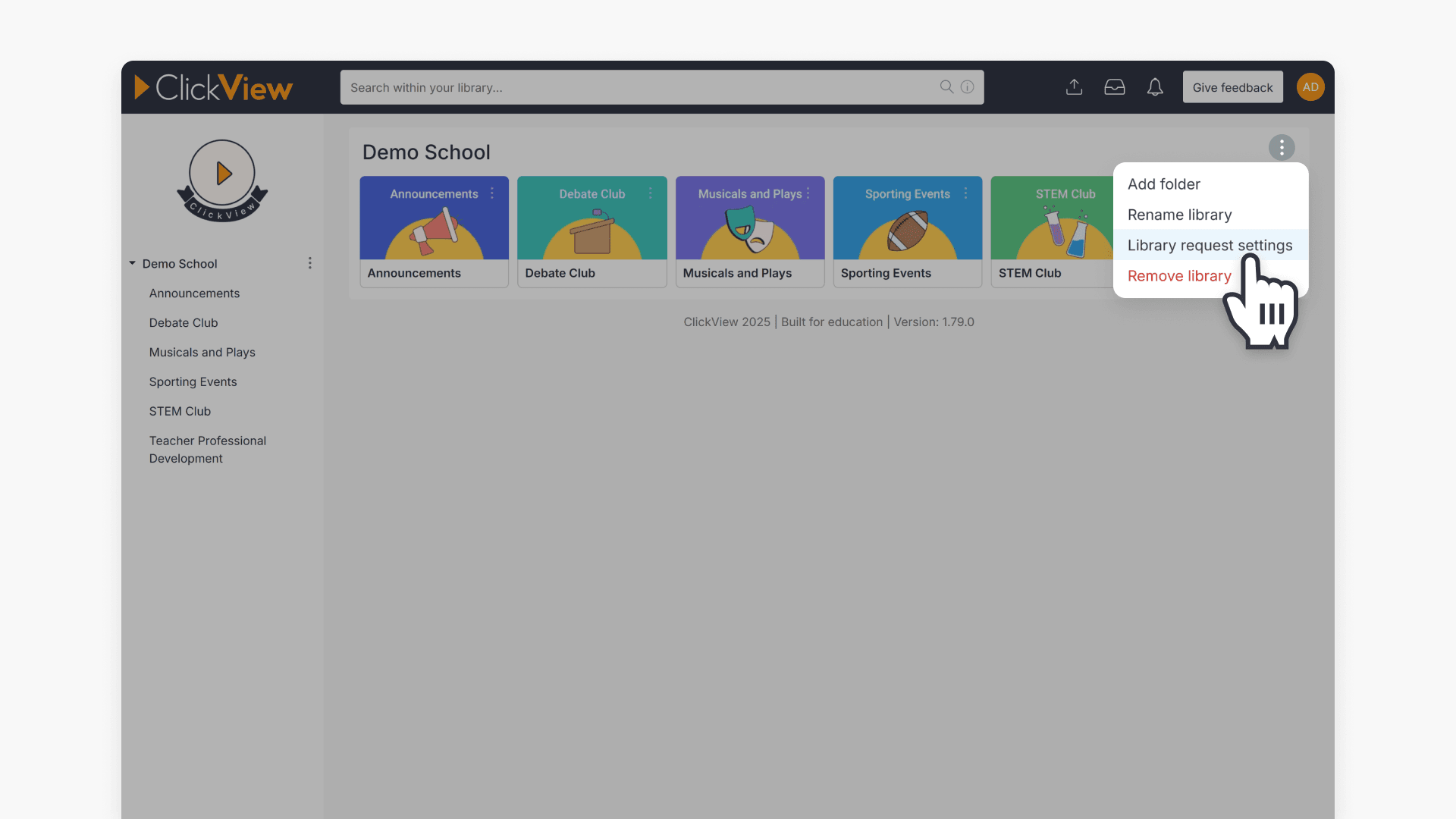 Hand pointing to 'Library request settings' option under the three dot menu