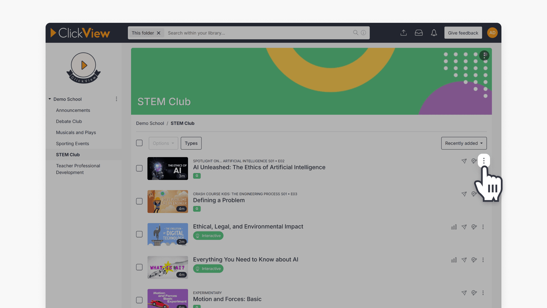 Hand pointing to three dots menu