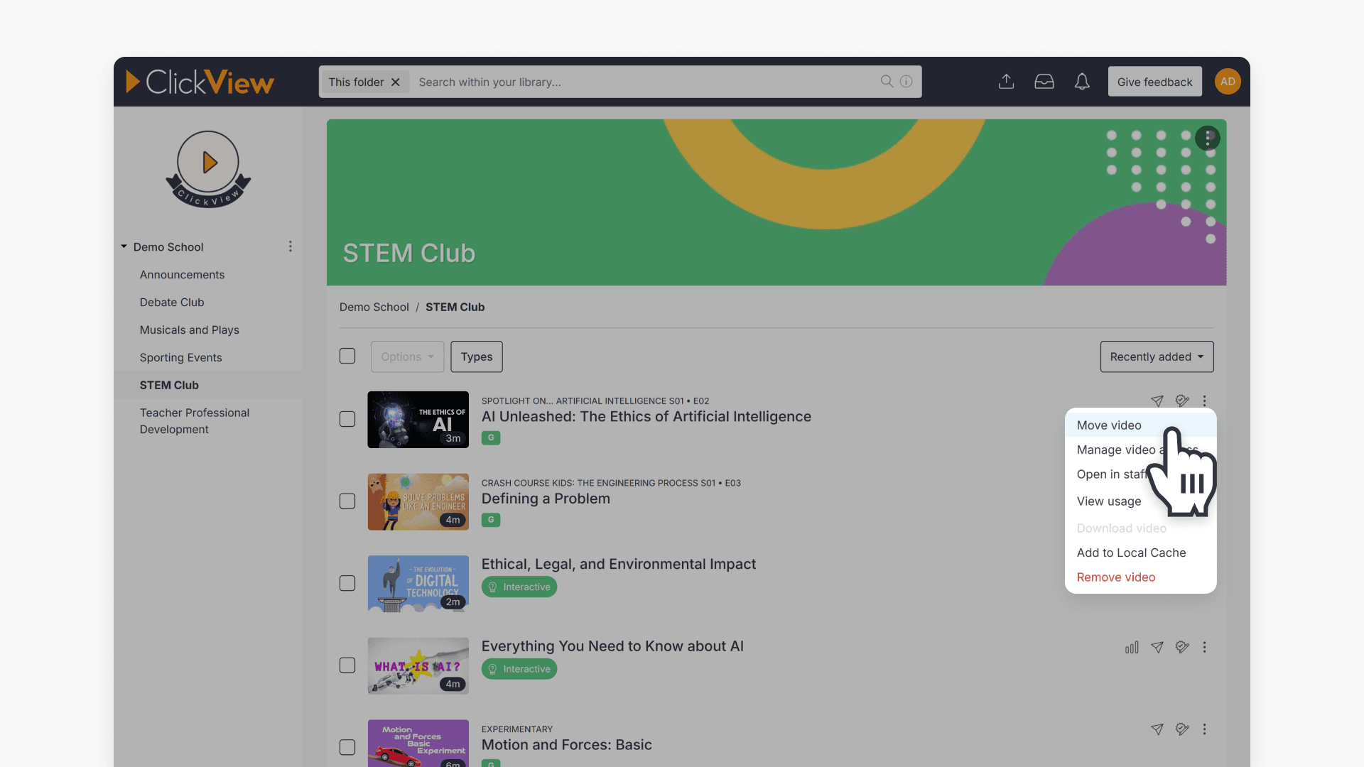 Hand pointing to 'Move video' option under the 3 dots icon in a folder of Library Editor