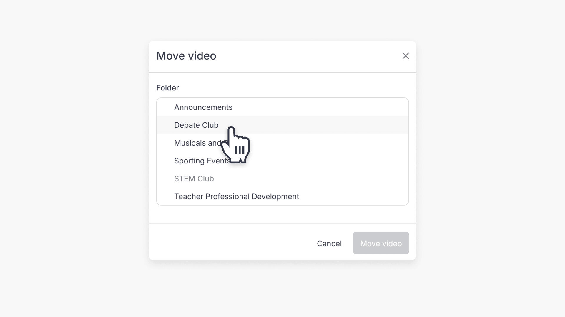 Hand pointing over to the options in 'Move video' pop-up window