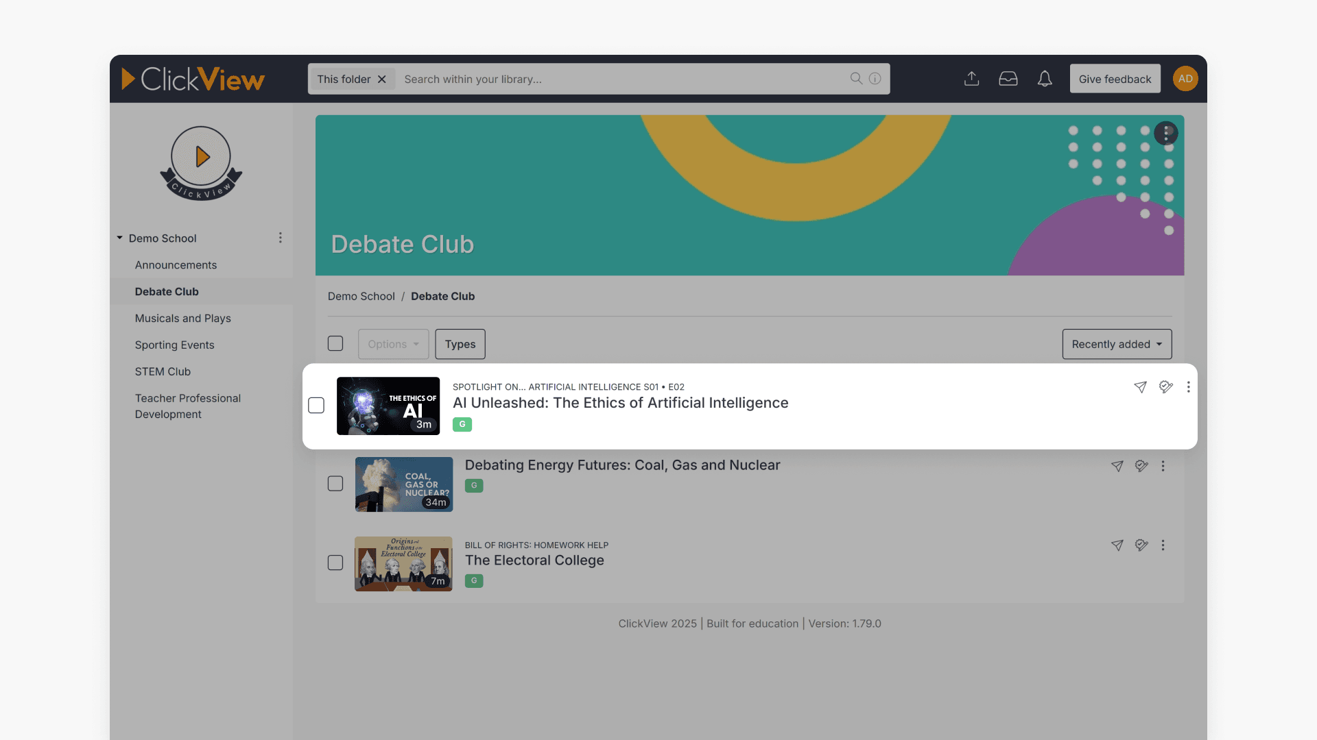 Window highlighting a video inside a folder of Library Editor