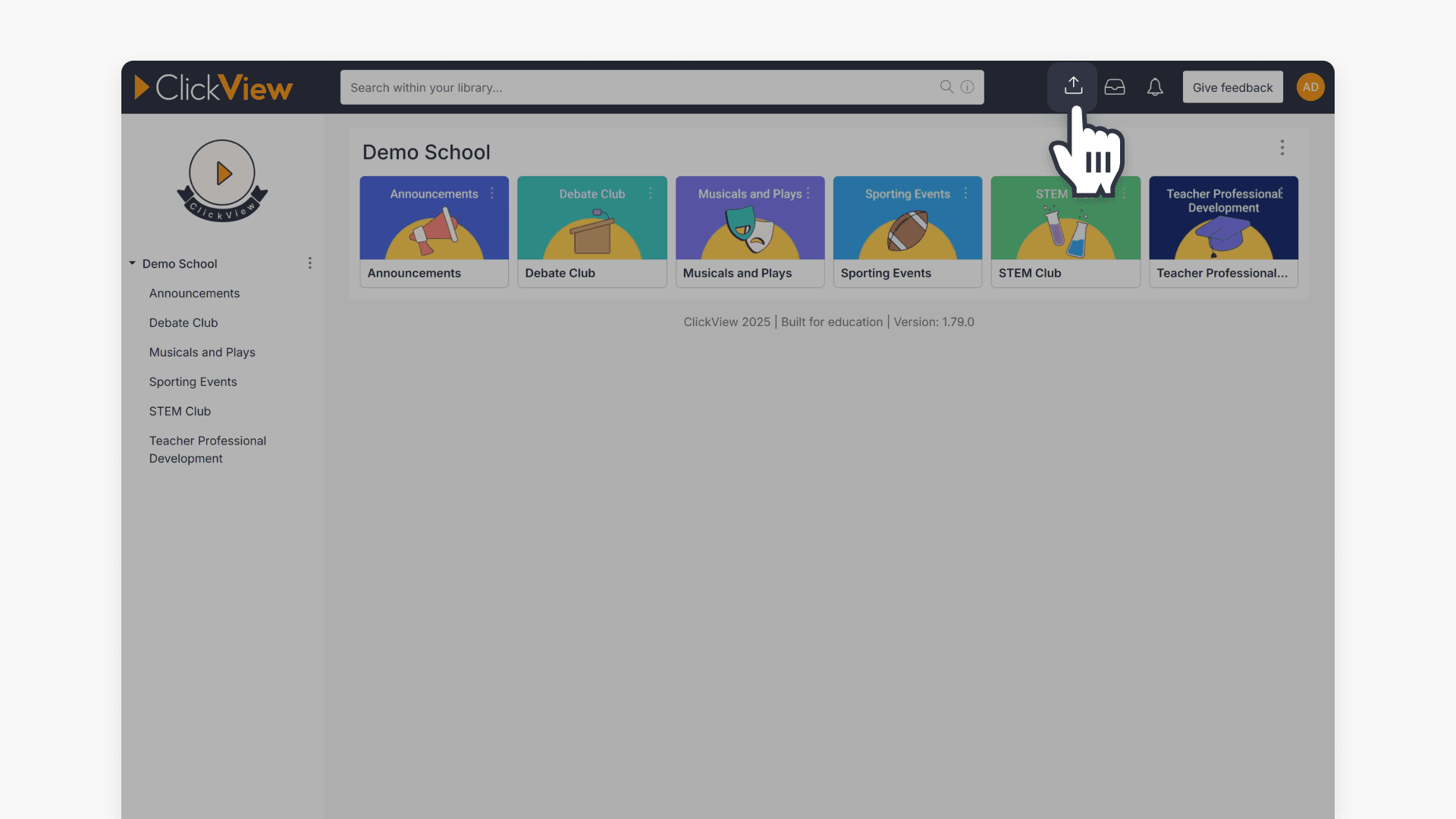 Hand pointing to the 'Upload' icon in the Library Editor home page