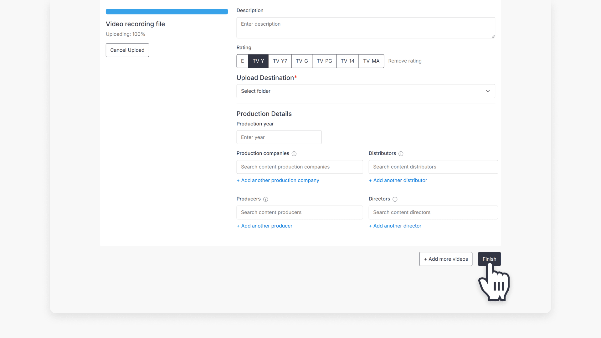 Hand pointing to the 'Finish' button
